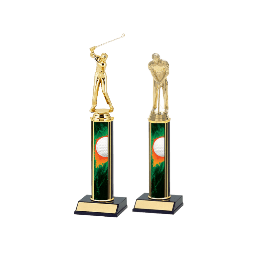 Two gold golf trophy awards.