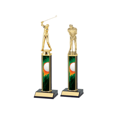 Two gold golf trophy awards.