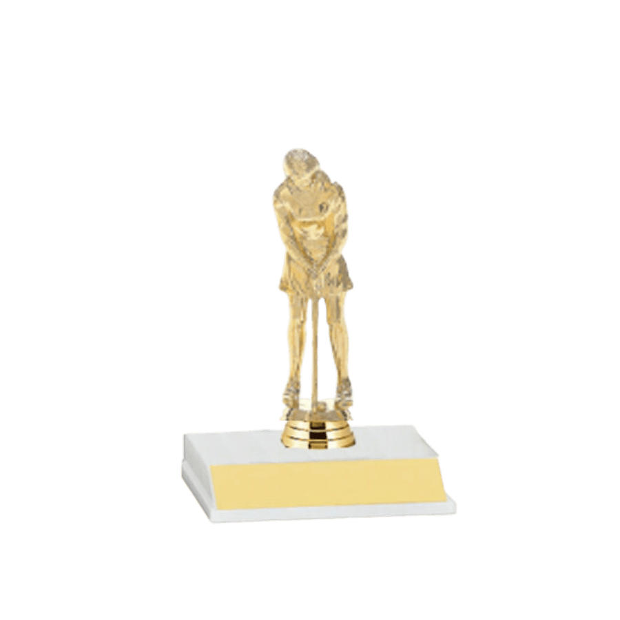 Gold golf trophy on white base.