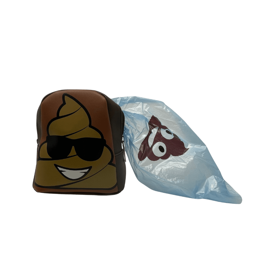 A brown and white cartoon face sitting next to a bag.