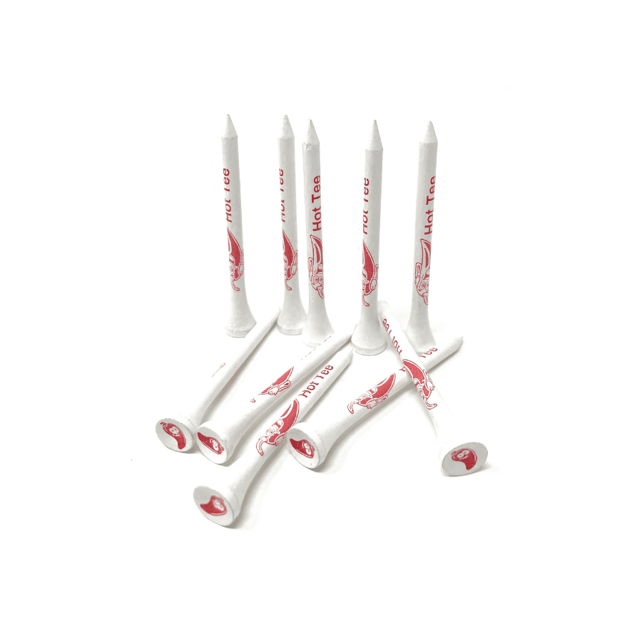 White golf tees with red "Hot Tee" logo.