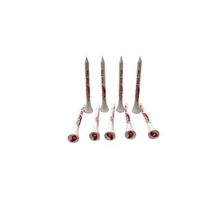 Eight white golf tees with red logo.