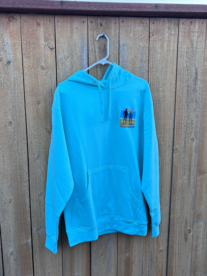 Ventura Vibes Hoodie – sky blue hoodie on hanger showing front chest graphic