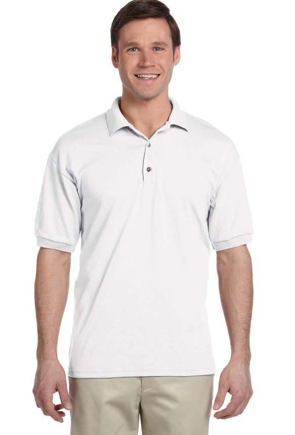 A man wearing white polo shirt and black pants.