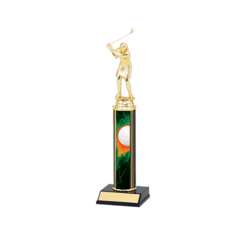 Gold female golfer trophy with green base.