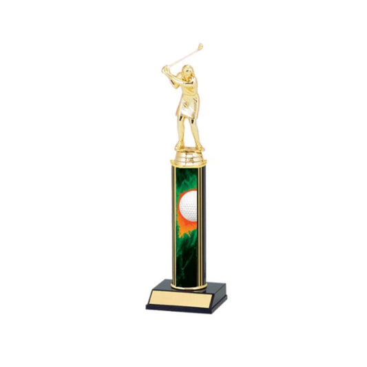 Gold female golfer trophy with green base.