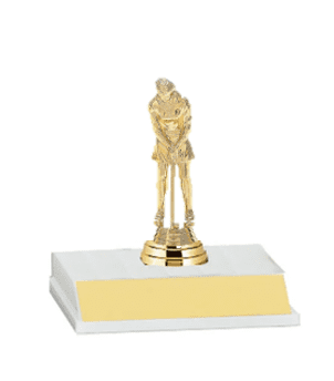 Gold golf trophy with female golfer figurine.