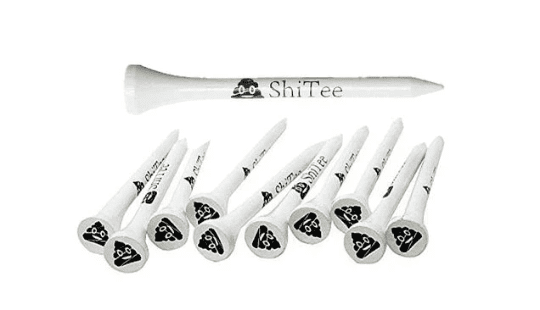 A group of white golf tees with a black triangle on each one.
