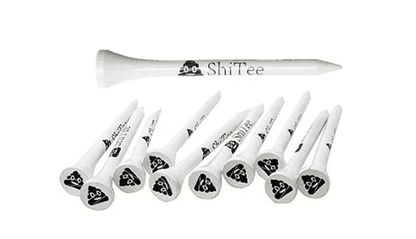 A group of white golf tees with a black triangle on each one.