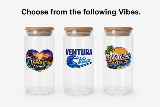 Choose from the following Vibes — Ventura Vibes tumbler collection featuring Sunset Beach, Ventura Vibe Wave, and Ventura Vibe Retro styles with bamboo tops
