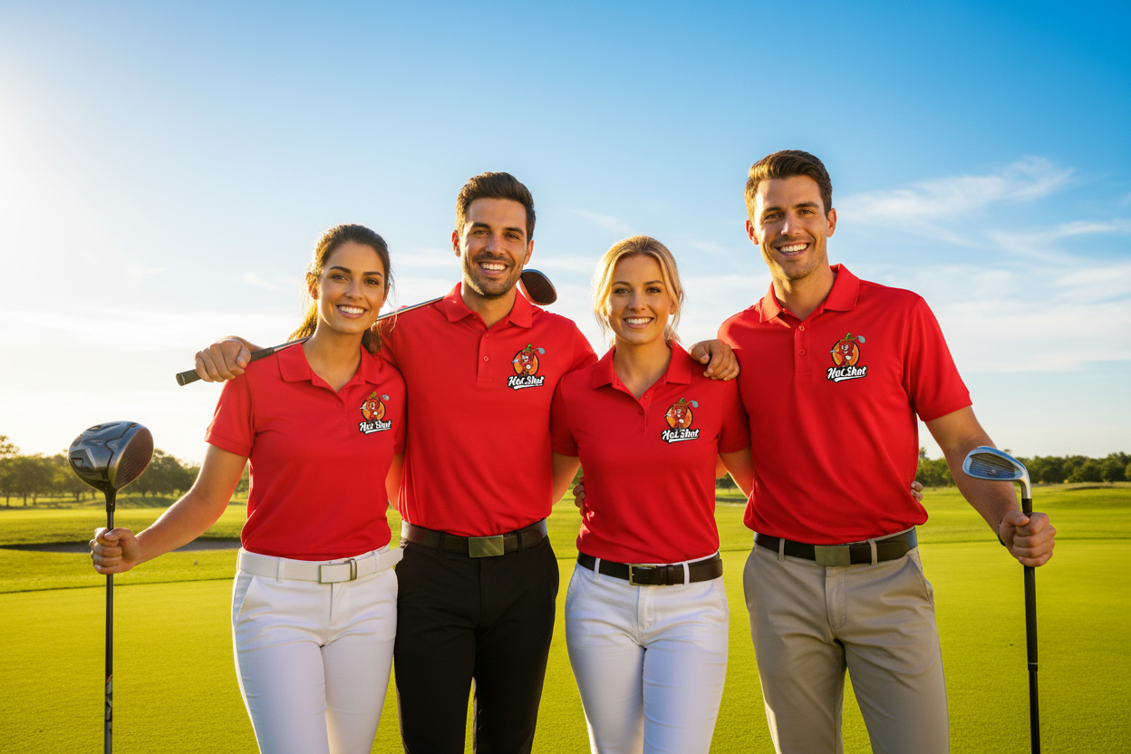Golf foursome wearing matching red custom polo shirts with Hot Shot chili pepper golfer logo on the course