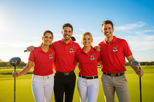 Golf foursome wearing matching red custom polo shirts with Hot Shot chili pepper golfer logo on the course