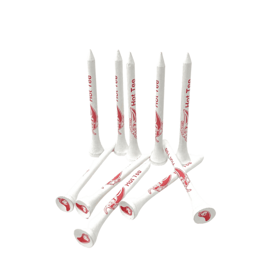 White golf tees with red hot tee logo.