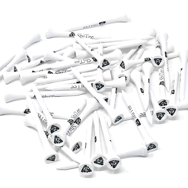 White golf tees with poop logo.