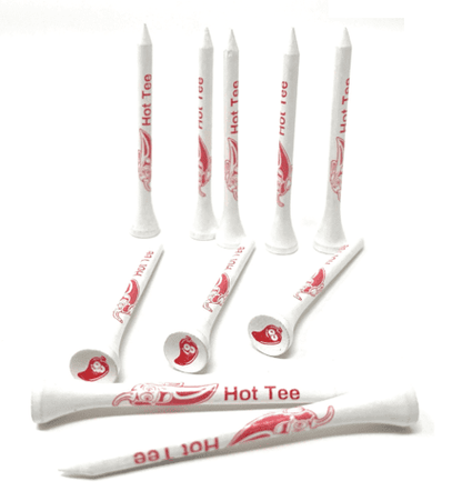 White golf tees with chili pepper logo.