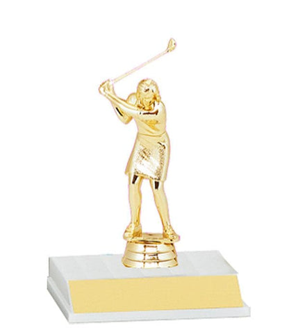 Gold female golfer trophy on base.