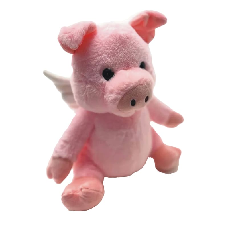 A pink stuffed pig with wings on its back.