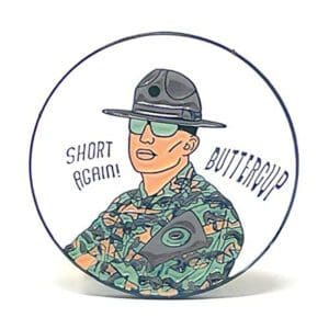 A man in camouflage uniform with words " short brain butterflies ".