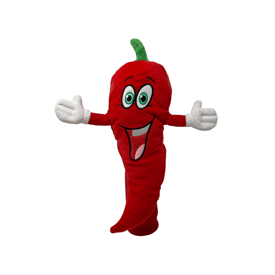 A red chili pepper mascot with arms and legs stretched out.