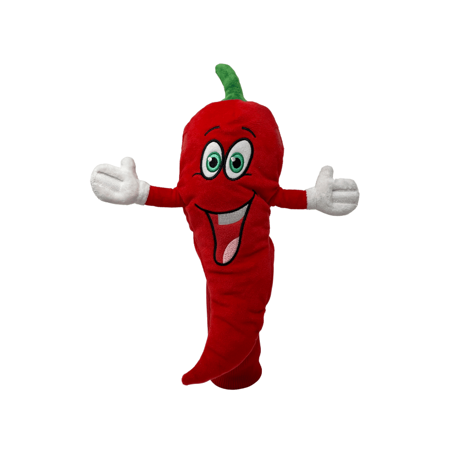 A red chili pepper mascot with arms and legs stretched out.