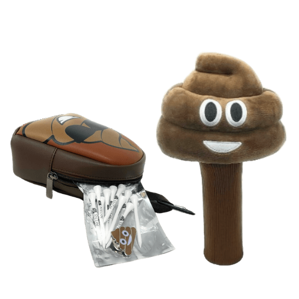 A stuffed animal and a toy with a bag of poop.