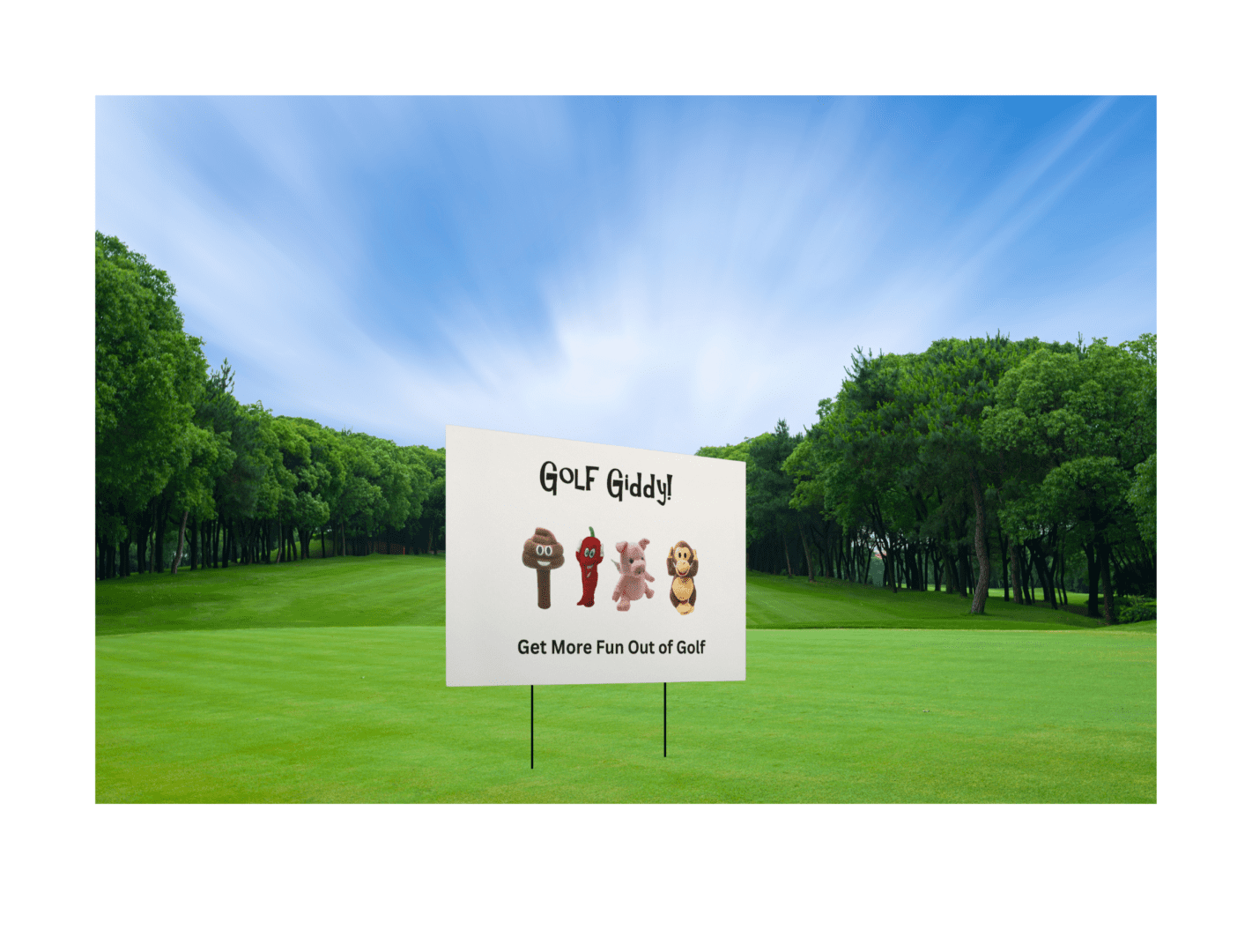 A sign in the middle of a field with trees