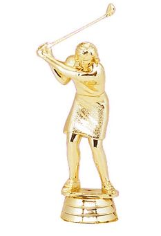 A gold statue of a woman holding a baseball bat.