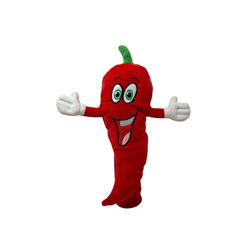 A red chili pepper mascot with arms and legs stretched out.