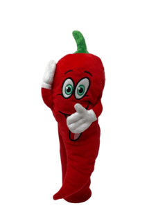 A red pepper mascot with one hand on his head.