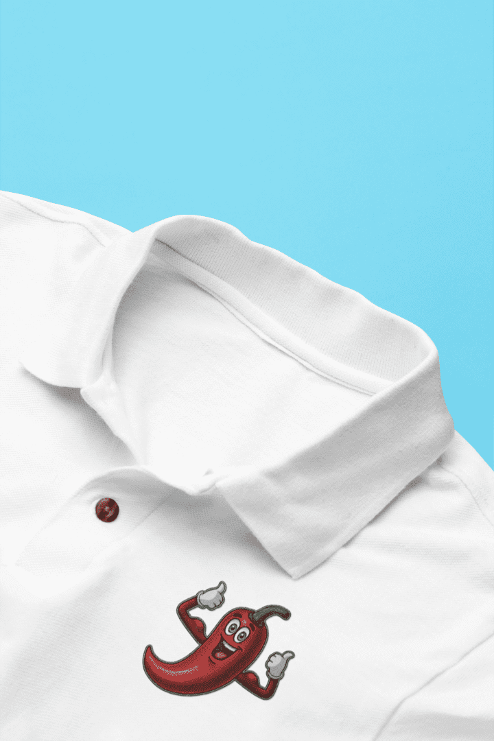 A white shirt with a brown collar and red buttons.