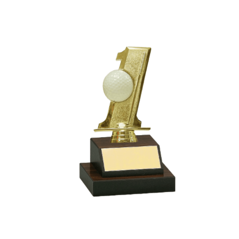 A gold trophy with a white ball on top.