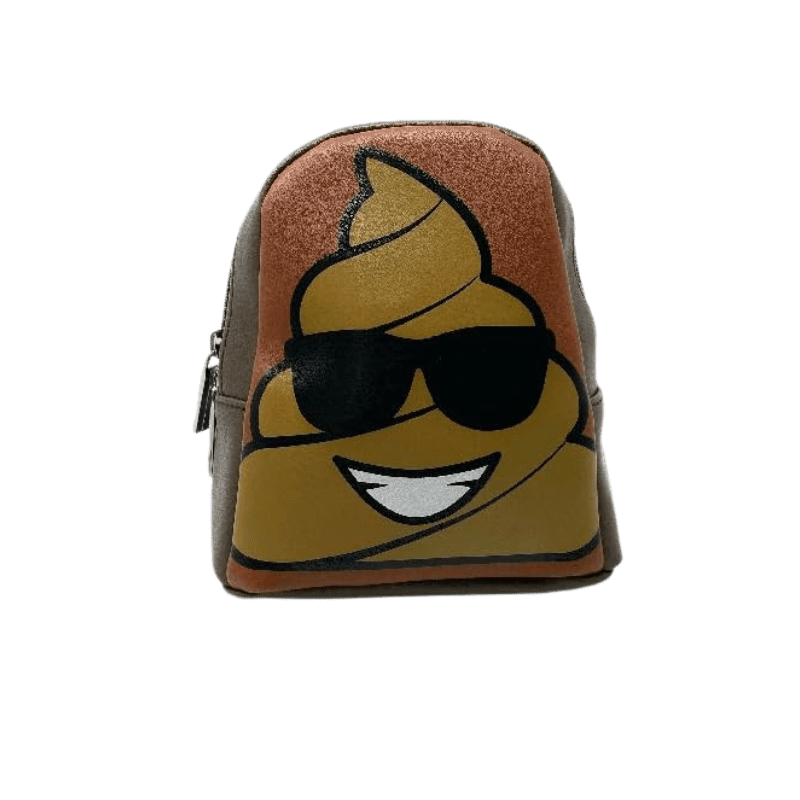 A backpack with a picture of a poop wearing sunglasses.