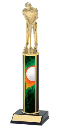 A tall trophy with a picture of the sun and moon.